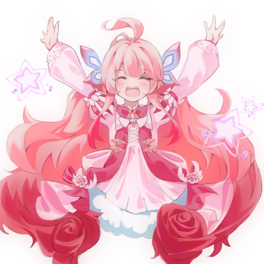 1girl ahoge arms_up blush brooch closed_eyes commentary_request dress elsword hair_ornament jewelry juliet_sleeves laby_(elsword) long_hair long_sleeves open_mouth pink_dress pink_hair puffy_sleeves radiant_soul_(elsword) sharp_teeth simple_background smile solo tbsic teeth twintails very_long_hair wavy_hair white_background