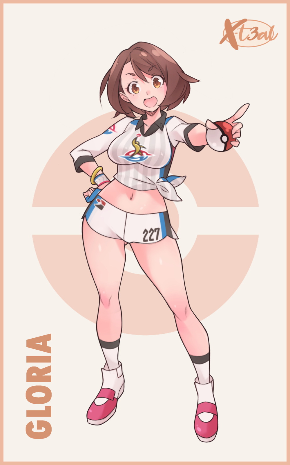 1girl asymmetrical_bangs bad_id bad_pixiv_id bangle bracelet breasts brown_eyes brown_hair character_name contrapposto dolphin_shorts full_body gloria_(pokemon) gloves gluteal_fold gym_challenge_uniform highres holding holding_poke_ball jersey jewelry medium_breasts midriff navel nintendo official_alternate_costume open_mouth pointing poke_ball poke_ball_(basic) pokemon pokemon_swsh shoes short_hair short_shorts shorts side-tie_shirt single_glove sneakers socks solo standing x-t3al