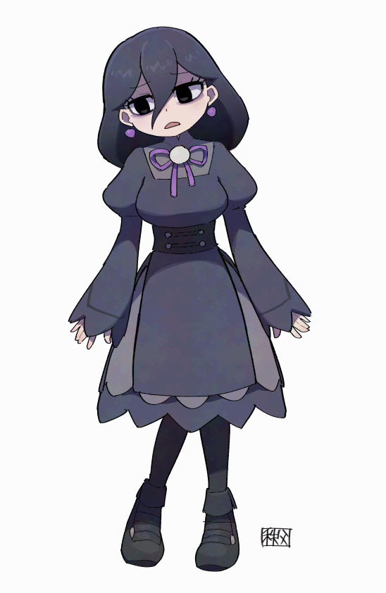 1girl black_eyes black_hair black_pantyhose black_shoes chichibu_(watson) commentary_request dress earrings eyelashes full_body hair_between_eyes hex_maniac_(pokemon) hex_maniac_(pokemon_legends:_z-a) jewelry long_hair long_sleeves looking_down neck_ribbon nintendo open_mouth pantyhose pokemon pokemon_legends:_z-a purple_ribbon ribbon shoes signature simple_background solo white_background