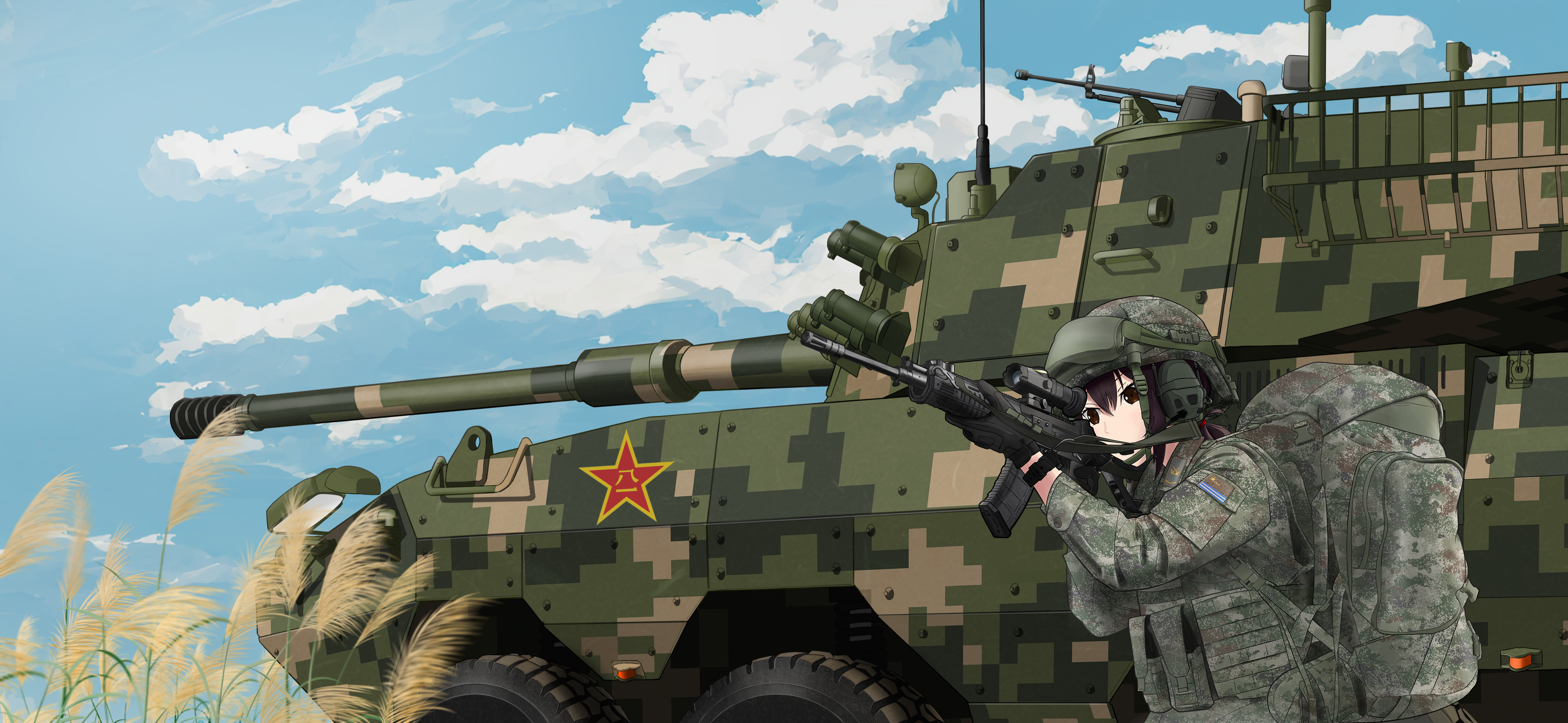 1girl absurdres aiming assault_gun august1st backpack bag black_eyes black_hair blue_sky camouflage cannon chin_strap cloud digital_camouflage eight-wheel_drive helmet highres load_bearing_equipment military_combat_uniform military_uniform military_vehicle original people's_liberation_army people's_liberation_army_ground_force qbz-191 scope sky smoke_grenade_launcher solo type_08_combat_vehicle user_uejr5243 wheat wheel ztl-11