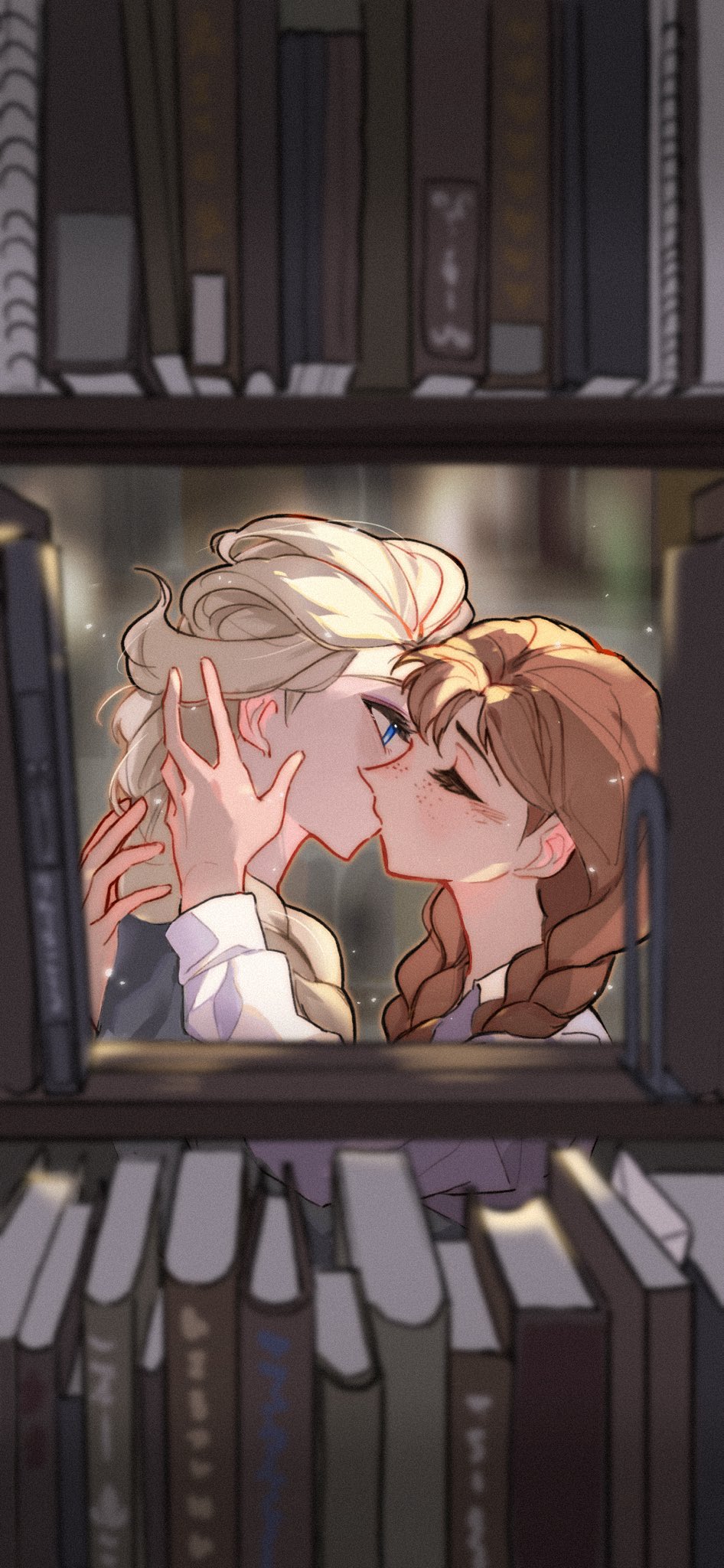 2girls anna_(frozen) blonde_hair blue_eyes braid chinese_commentary closed_eyes commentary_request elsa_(frozen) freckles frozen_(disney) hand_in_another&#039;s_hair highres incest indoors kiss kiyomai library light_particles long_hair multiple_girls orange_hair siblings sisters twin_braids yuri
