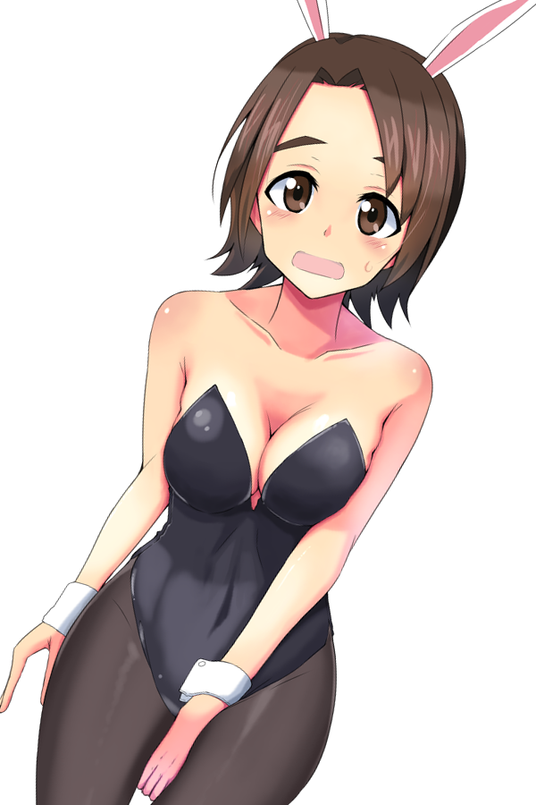 1girl animal_ears bare_shoulders black_leotard black_pantyhose blush breasts brown_eyes brown_hair cleavage collarbone covered_navel fake_animal_ears female_focus girls_und_panzer groin large_breasts leotard looking_at_viewer open_mouth pantyhose playboy_bunny rabbit_ears sawa_azusa shiny_skin short_hair simple_background solo standing tongue tsuru_(tsubasa1993621) white_background