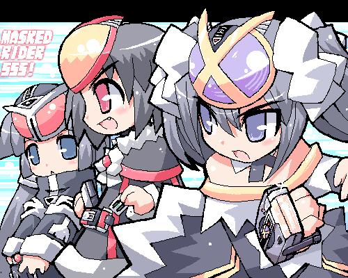 3girls female_focus kamen_rider kamen_rider_delta kamen_rider_faiz kamen_rider_kaixa lowres multiple_girls standing