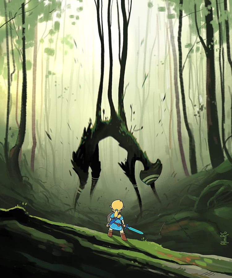 almirgusic artist_name battle blonde_hair boots champion&#039;s_tunic_(zelda) fallen_tree forest from_behind grass holding holding_weapon link low_ponytail master_sword monster nature nintendo outdoors plant plant_roots ponytail scenery shield signature the_legend_of_zelda tree weapon wide_shot