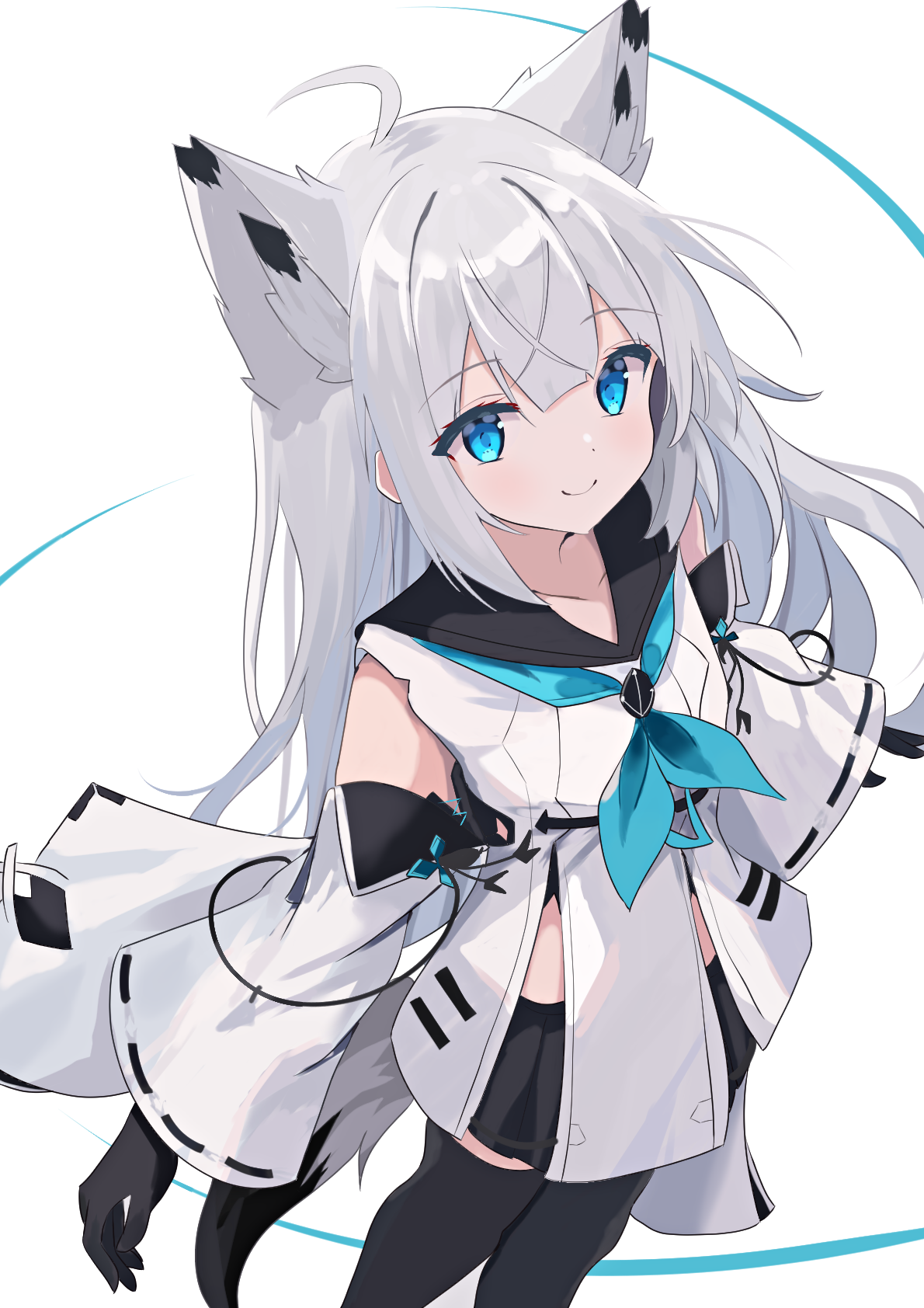 1girl ahoge animal_ears azur_lane black_gloves black_skirt black_thighhighs blue_eyes blue_neckerchief closed_mouth detached_sleeves dress fox_ears fox_girl fox_tail gloves highres japanese_clothes kawakaze_(azur_lane) long_hair looking_at_viewer natsuki_(natsu_1936) neckerchief pleated_skirt ribbon_trim simple_background skirt smile solo tail thighhighs white_background white_dress white_hair wide_sleeves