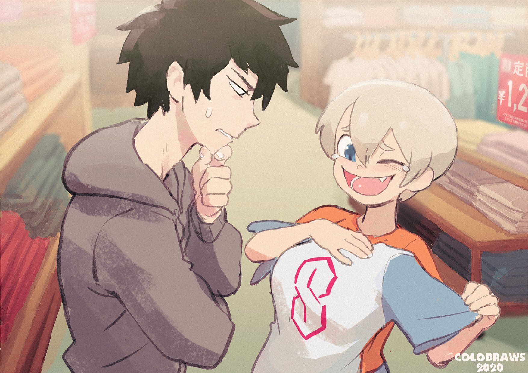1boy 1girl black_hair blue_eyes blurry blurry_background blush colo_(nagrolaz) cool_s fang film_grain grey_hair grey_hoodie highres holding holding_shirt holding_unworn_clothes hood hood_down hoodie indoors long_sleeves one_eye_closed open_mouth orange_shirt profile sakurai_shin'ichi shirt shop short_hair short_sleeves sign smile unworn_shirt upper_body uzaki-chan_wa_asobitai! uzaki_hana
