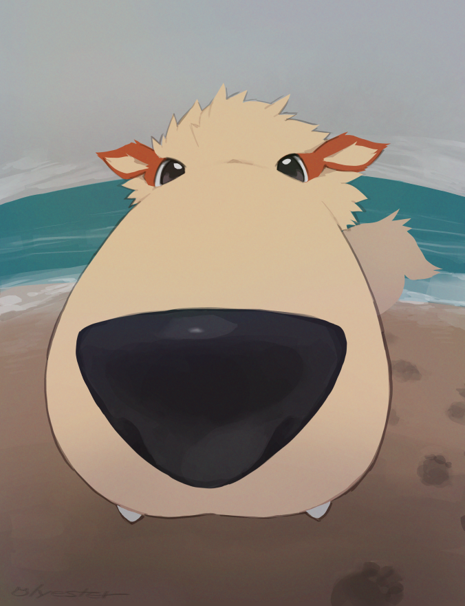 arcanine beach black_eyes dog fangs fisheye foreshortening gen_1_pokemon looking_at_viewer nintendo no_humans ocean olyester outdoors paw_print pokemon pokemon_(creature) solo