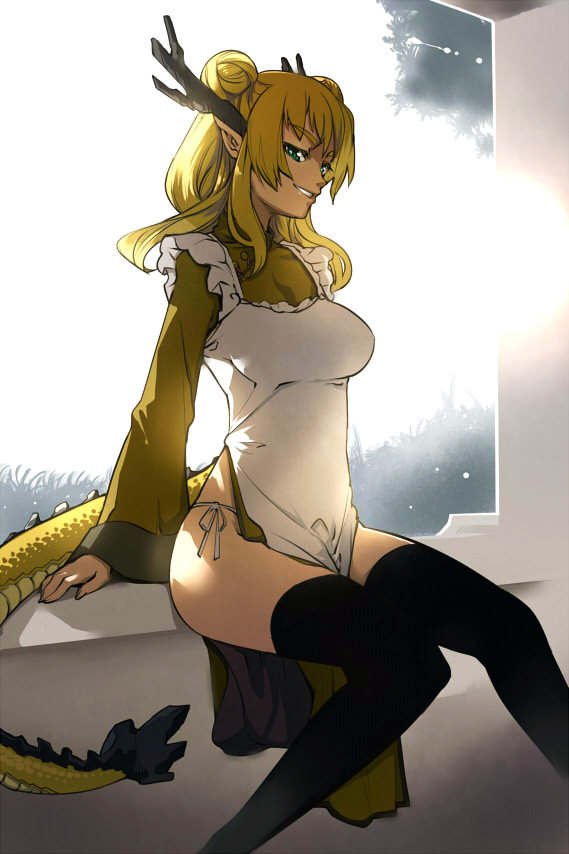 1girl akinaie apron black_thighhighs blonde_hair breasts china_dress chinese_clothes double_bun dragon dragon_girl dragon_horns dragon_tail dress eastern_dragon female_focus futaba_channel green_eyes hair_bun horns knees_together_feet_apart kouryuu_(nijiura_maids) legs medium_breasts monster_girl naughty_face panties pointy_ears side-tie_panties side_slit sitting smile solo tail thighhighs thighs underwear white_panties window yellow_dress
