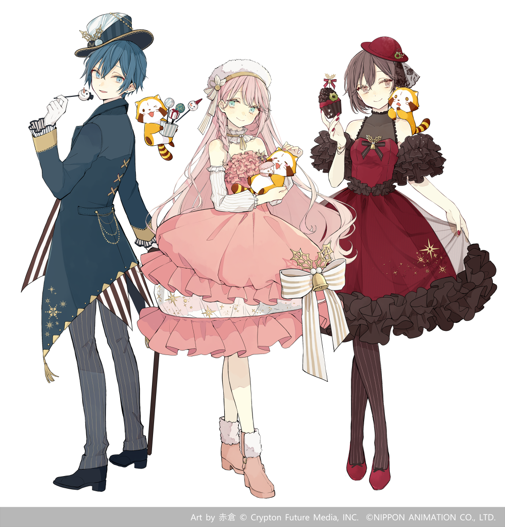 1boy 2girls akakura alternate_costume animal animal_on_shoulder ankle_boots aqua_eyes araiguma_rascal artist_name bare_shoulders bell beret black_ribbon blue_eyes blue_footwear blue_hair blue_headwear blue_jacket boots bracelet braid brown_eyes brown_hair brown_legwear candy chain christmas closed_mouth collarbone commentary_request cross-laced_clothes crossed_bangs crossover cupcake curly_hair detached_collar detached_sleeves dot_nose dress earrings eyelashes facing_viewer fingernails food frilled_dress frilled_sleeves frills full_body fur-trimmed_boots fur_trim gloves grey_pants halter_dress halterneck hat high_heels holding holding_animal holding_food jacket jewelry kaito_(vocaloid) legs_together light_smile lollipop long_hair looking_afar looking_back looking_to_the_side megurine_luka meiko_(vocaloid) mini_hat mini_top_hat mistletoe multiple_girls nail_polish off-shoulder_dress off_shoulder official_art open_mouth pants pantyhose pink_dress pink_hair pink_legwear pink_nails raccoon rascal_(araiguma_rascal) red_dress red_footwear red_headwear red_nails ribbon see-through_clothes see-through_dress shoes short_dress short_hair side-by-side side_braid simple_background single_braid skirt_hold smile snowflake_print snowman sparkle_print staff standing strapless strapless_dress striped_clothes striped_jacket striped_legwear striped_pantyhose striped_ribbon striped_sleeves tareme tassel top_hat vertical-striped_clothes vertical-striped_pantyhose vocaloid white_background white_gloves white_headwear white_ribbon