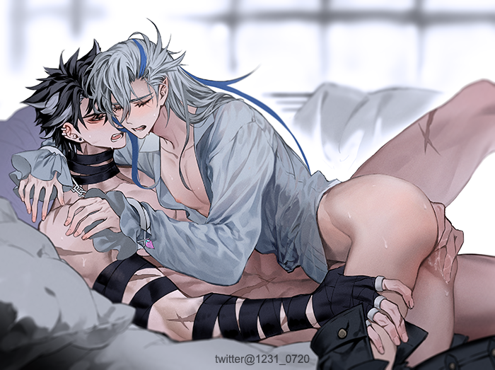 2boys ass bandaged_arm bandaged_neck bandages black_bandages black_eyes black_hair black_pants blue_hair closed_eyes clothes_pull earrings genshin_impact grey_hair grey_shirt hair_between_eyes jewelry long_hair long_sleeves male_focus multicolored_hair multiple_boys neuvillette_(genshin_impact) np_(1231_0720) nude open_mouth pants pants_pull pointy_ears scar sex shirt short_hair streaked_hair white_hair wriothesley_(genshin_impact) yaoi
