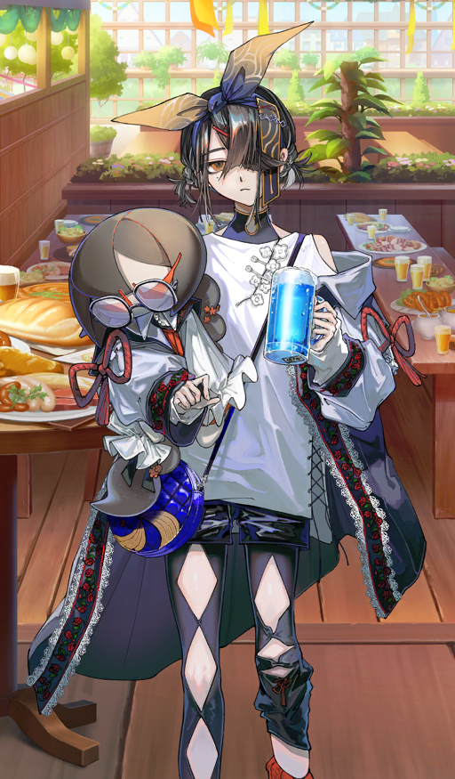 1girl argyle_cutout black_hair black_pantyhose black_shorts breasts brown_eyes clothing_cutout cup endo_(takolegs) fate/grand_order fate_(series) food glasses hair_over_one_eye hairband jacket long_sleeves looking_at_viewer mole mole_under_eye mug off_shoulder official_art open_clothes open_jacket pantyhose pantyhose_under_shorts shirt short_hair short_twintails shorts shoulder_cutout small_breasts solo stuffed_toy table thighs twintails white_jacket white_shirt xu_fu_(event_portrait)_(fate) xu_fu_(fate) yu_mei-ren_(fate)
