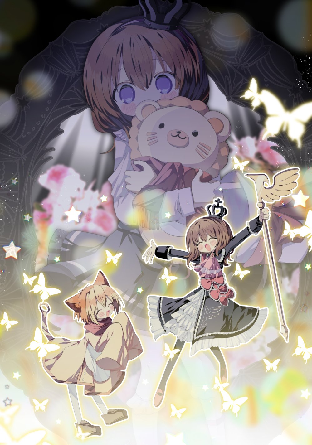 1boy 1girl :d animal_ears arms_up ascot black_dress black_pantyhose blonde_hair bow brown_hair bug butterfly coat covered_mouth crown dress dual_persona floating frilled_dress frills glowing hair_between_eyes happy highres holding holding_staff holding_stuffed_toy hug insect light_particles lion_boy lion_ears long_sleeves looking_at_viewer mary_janes mini_crown open_mouth outline oversized_clothes pantyhose pink_ascot purple_eyes red_bow red_scarf sakutarou_(umineko) scarf shoes short_hair sleeve_cuffs sleeves_past_fingers sleeves_past_wrists smile staff stuffed_animal stuffed_lion stuffed_toy umineko_no_naku_koro_ni usagi_nui ushiromiya_maria white_pantyhose wing_print yellow_coat