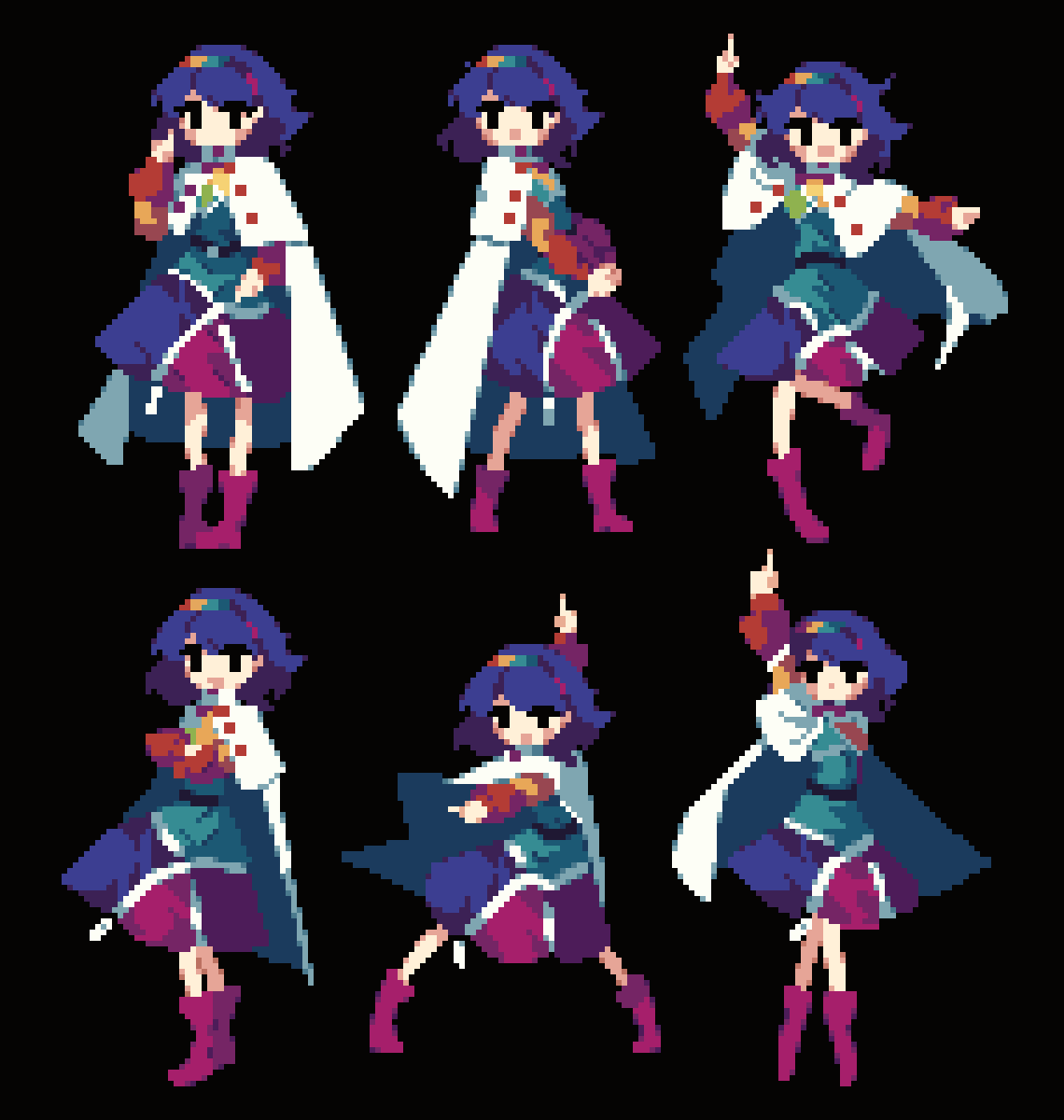1girl 4qw5 arm_up black_background black_eyes blue_hair blush boots cape capelet dress hair_ornament hand_up highres long_sleeves medium_hair multicolored_dress own_hands_together pixel_art pointing red_footwear simple_background sleeves_past_wrists sprite sprite_art standing tenkyuu_chimata touhou white_cape white_capelet zipper zipper_dress zipper_pull_tab