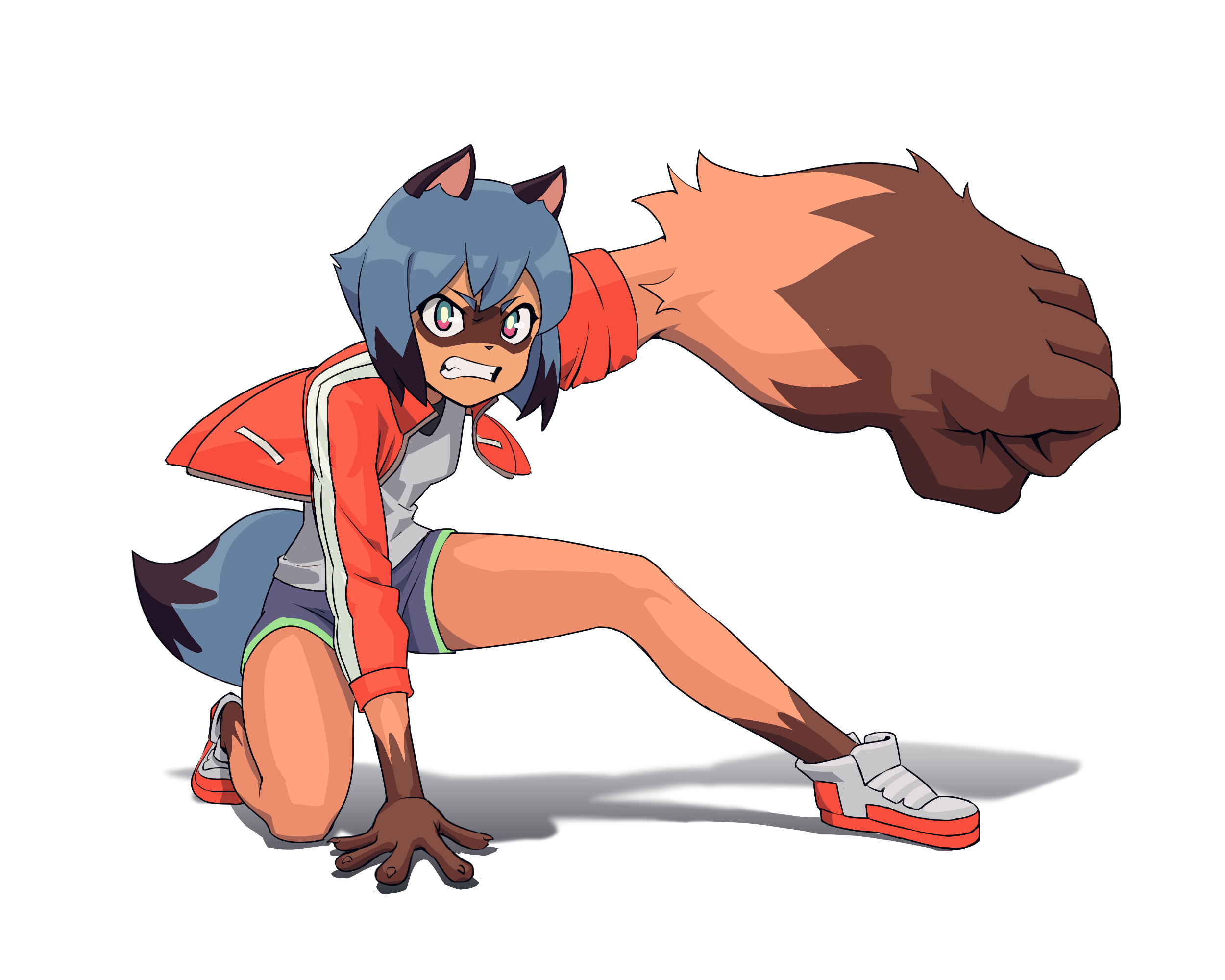 1girl animal_ears blue_hair blue_shorts brand_new_animal clenched_teeth emiladylbekuulu gorilla_arm highres jacket kagemori_michiru non-web_source raccoon_ears raccoon_girl raccoon_tail red_jacket shoes short_hair shorts simple_background solo studio_trigger tail tanuki teeth trigger_(company) white_background