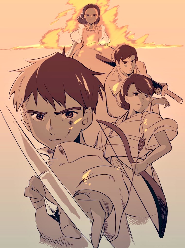 2boys 2girls arrow_(projectile) bow_(weapon) brown_theme dirty dirty_face drawing_bow dress family fire himi_(kimitachi_wa_dou_ikiru_ka) holding holding_bow_(weapon) holding_weapon japanese_clothes katana kimitachi_wa_dou_ikiru_ka kimono limited_palette maki_mahito multiple_boys multiple_girls natsuko_maki pomu_(pixiv100036862) sheath sheathed shoichi_maki short_hair sword weapon