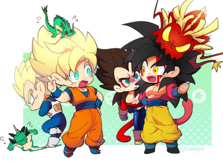 biting black_footwear black_hair blood blood_on_face blue_eyes blue_sash body_fur chibi closed_mouth dougi dragon dragon_ball dragon_ball_gt dragonball_z eastern_dragon gloves head_biting horns long_hair monkey_boy monkey_tail multiple_boys muscular muscular_male ommmyoh open_mouth pants porunga sash scales shenron_(dragon_ball) smile son_goku spiked_hair super_saiyan super_saiyan_4 tail ultimate_shenron vegeta yellow_pants