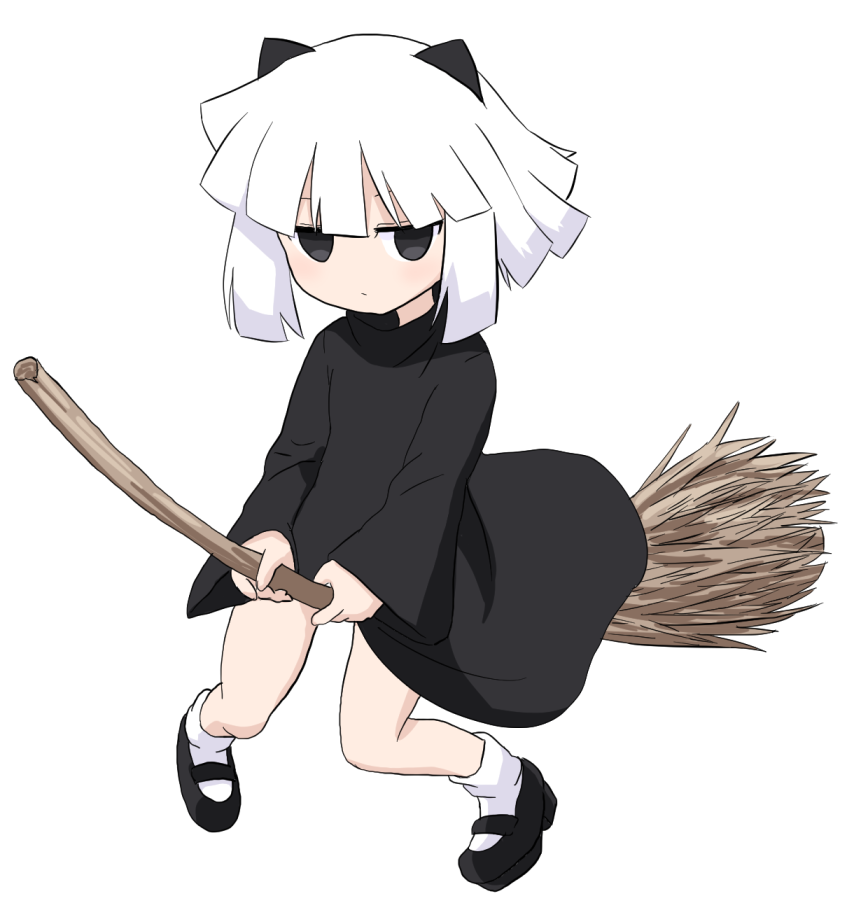 1girl animal_ears black_dress black_eyes broom cat_ears dress flying keke_(kirby) kirby&#039;s_dream_land_3 kirby_(series) kirby_64 nintendo paskmel shoes simple_background socks solo white_background white_hair witch