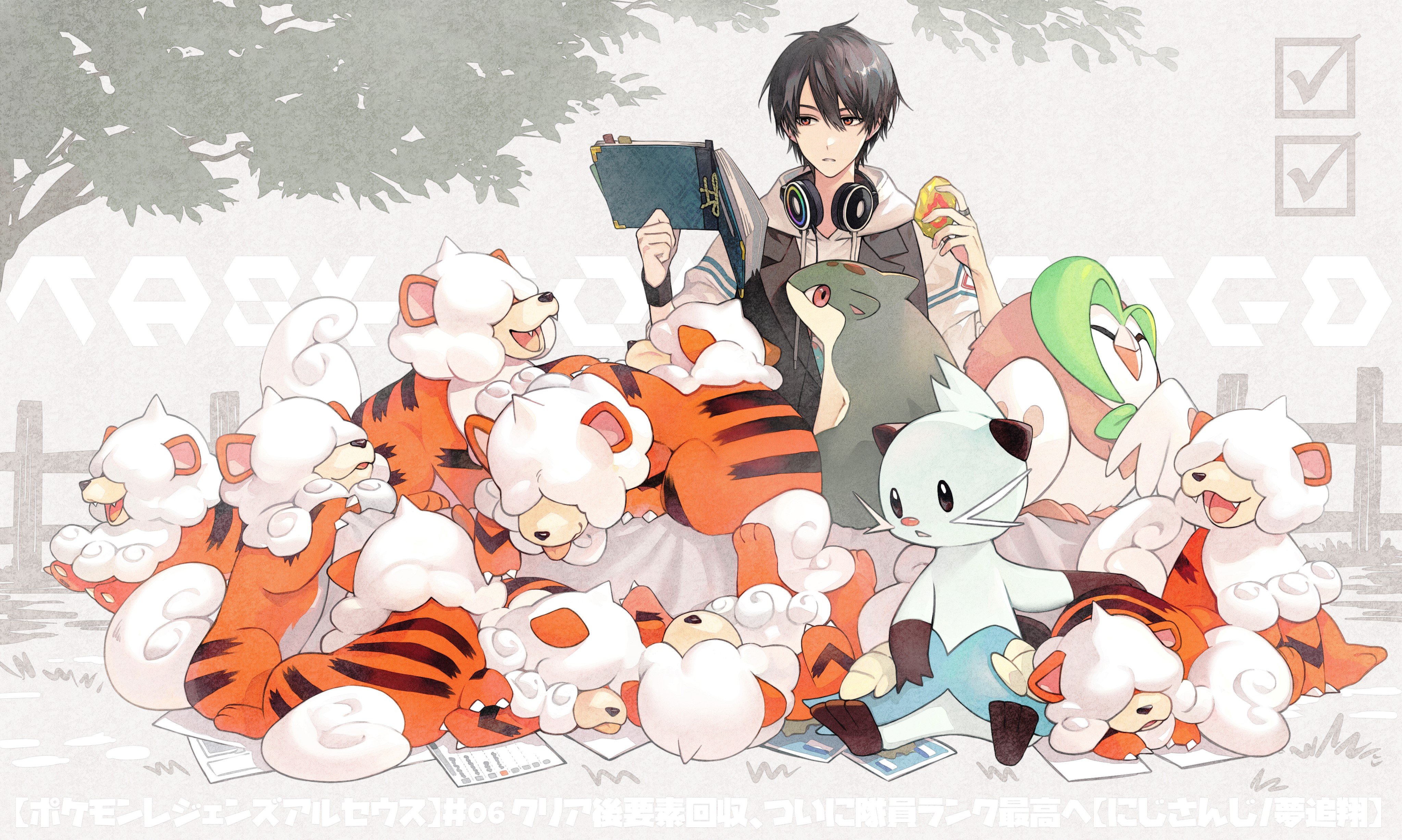 1boy absurdres black_hair book checkmark dartrix dewott evolution_stone evolutionary_stone fence fire_stone game_freak gen_2_pokemon gen_5_pokemon gen_7_pokemon hair_between_eyes hands_up headphones headphones_around_neck highres hisuian_growlithe holding holding_book hood hood_down hoodie iv_4t jewelry nijisanji nintendo pokemon quilava red_eyes ring short_hair solo tree virtual_youtuber white_hoodie wristband yumeoi_kakeru
