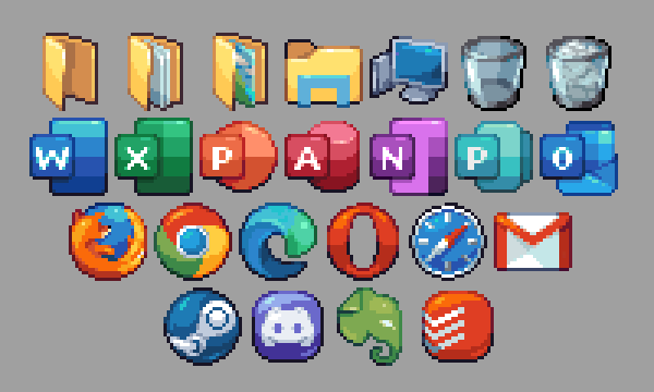 computer discord evernote folder gmail google_chrome grey_background icon_(computing) microsoft_access microsoft_edge microsoft_excel microsoft_office microsoft_onenote microsoft_outlook microsoft_powerpoint microsoft_publisher microsoft_windows microsoft_word monitor mozilla_firefox no_humans opera_(web_browser) paper pixel_art recycle_bin reffpixels safari_(browser) simple_background steam_(platform) trash_can