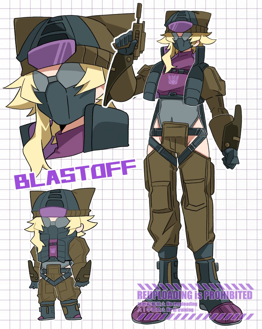 1girl animal_hat beanie belt blast_off_(transformers) blonde_hair character_name chibi chibi_inset combaticon decepticon gauntlets genderswap genderswap_(mtf) grey_leotard grid_background gun handgun hat highres hip_vent holding holding_gun holding_weapon humanization leotard mask mecha_musume medium_hair mouth_mask osekihan053 pants solo sunglasses transformers watermark weapon white_background