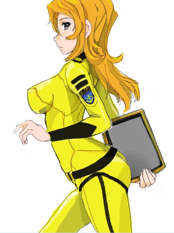 1girl ass belt bodysuit breasts brown_eyes brown_hair from_side impossible_clothes kiyo_(joe) long_hair mori_yuki sideboob simple_background sketch skin_tight solo thighs uchuu_senkan_yamato uchuu_senkan_yamato_2199 white_background yellow_bodysuit
