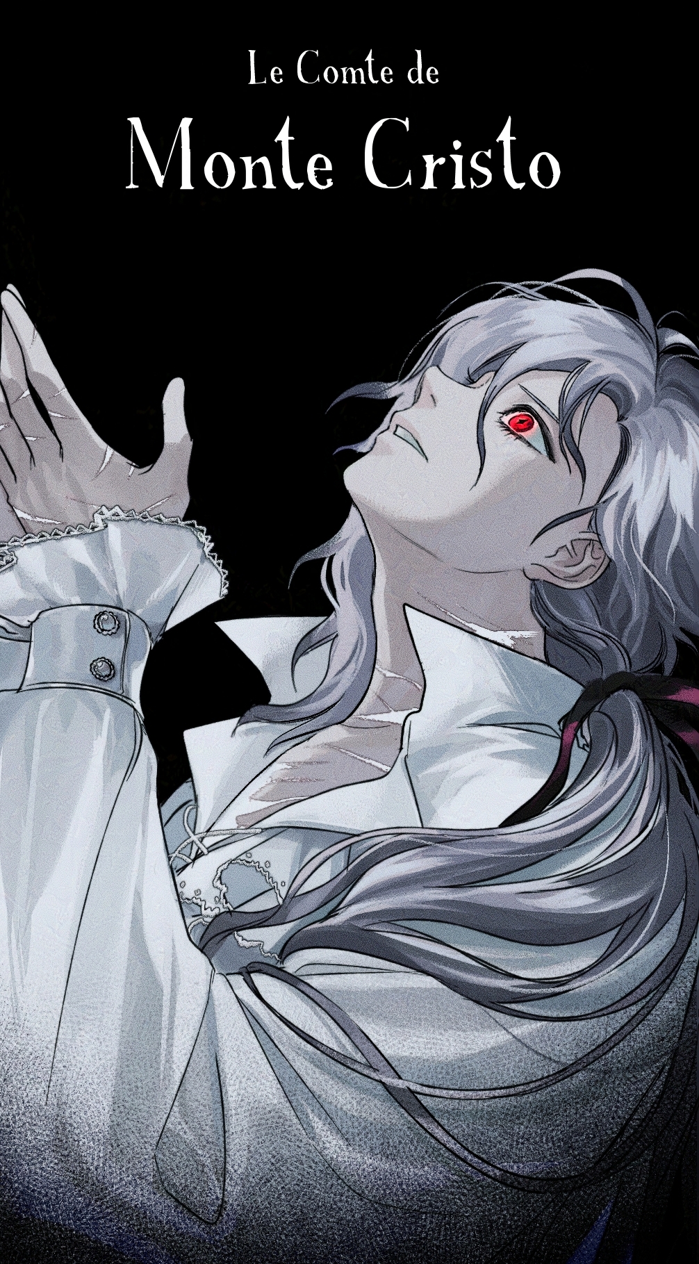 1boy black_background easel_(dam0628) edmond_dantes_(fate) fate/grand_order fate_(series) french_text grey_hair hair_ribbon highres long_hair low_ponytail male_focus multiple_scars open_mouth ponytail red_eyes ribbon scar shirt simple_background solo the_count_of_monte_cristo_(fate) upper_body white_shirt