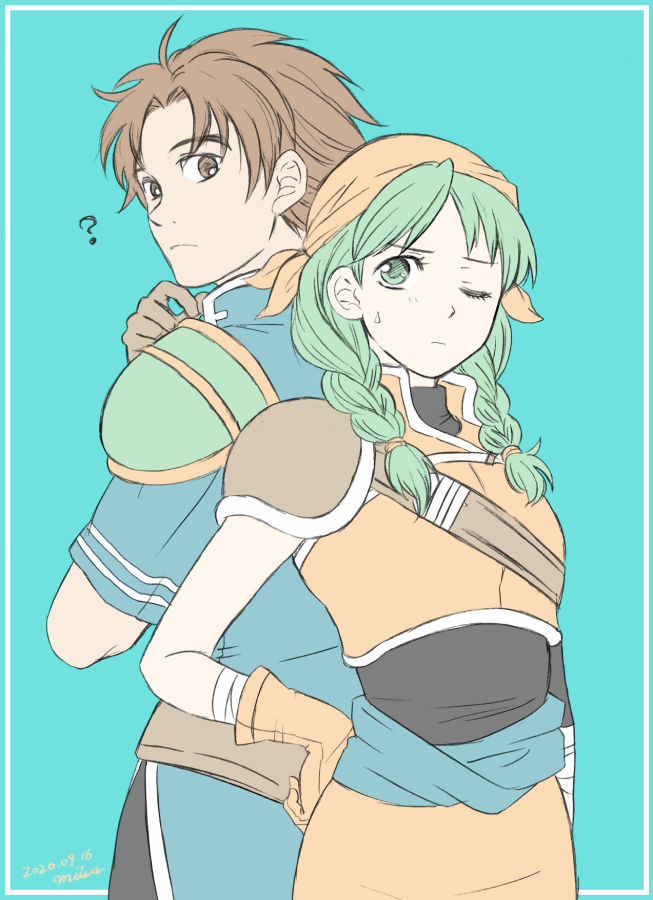 1boy 1girl ? armor back-to-back brown_eyes brown_hair fire_emblem fire_emblem:_the_blazing_blade green_eyes green_hair miisa nintendo one_eye_closed rebecca_(fire_emblem) upper_body wil_(fire_emblem)