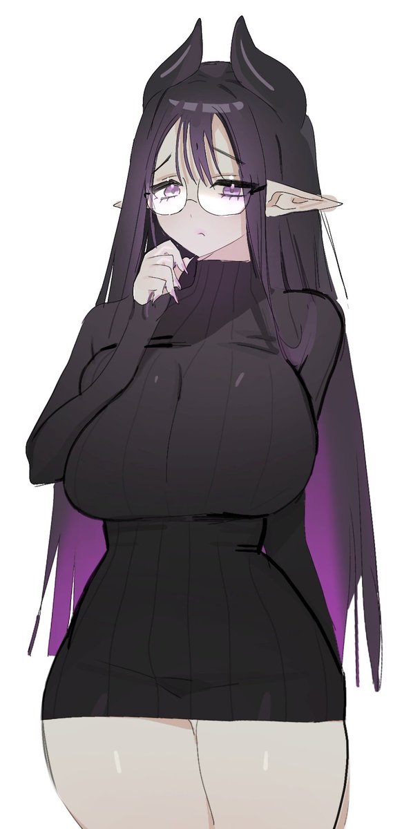 1girl black_hair black_sweater breasts closed_mouth cowboy_shot cropped_legs demon_girl demon_horns dress eeeeee03714610 fingernails glasses hand_up highres horns large_breasts long_hair long_sleeves looking_at_viewer monster_girl multicolored_hair nail_polish original pointy_ears purple_eyes purple_hair ribbed_sweater semi-rimless_eyewear simple_background skindentation solo standing sweater sweater_dress thigh_gap thighs turtleneck turtleneck_sweater under-rim_eyewear very_long_hair white_background
