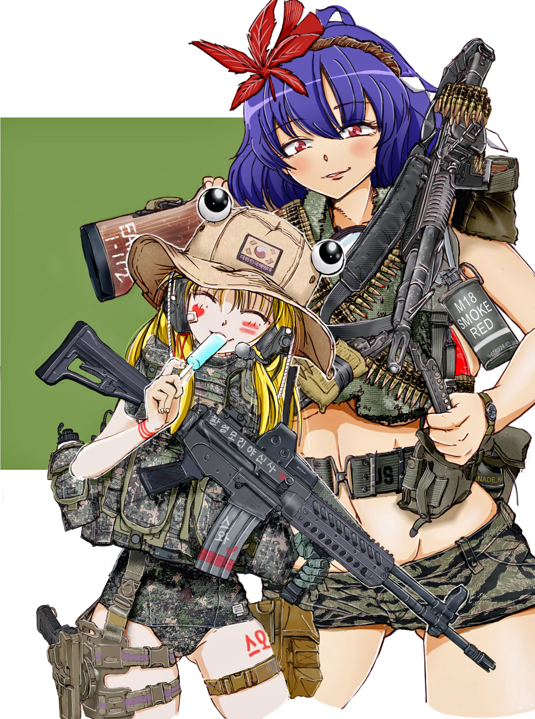 2girls 7.62x51mm_nato ammunition ammunition_belt assault_rifle bandolier belt black_headband blonde_hair blue_hair bob_cut body_armor body_writing boonie_hat break-action_grenade_launcher brown_headwear camouflage camouflage_shirt camouflage_skirt camouflage_swimsuit closed_eyes closed_mouth commentary_request cropped_legs daewoo_k2 digital_camouflage english_text explosive facial_mark facing_viewer food food_in_mouth fragmentation_grenade fully_powered_cartridge glock grenade grenade_launcher grey_one-piece_swimsuit grey_shorts grey_skirt groin gun hachimaki hair_ornament half-closed_eyes hand_grenade handgun headband highres holding holding_food holding_weapon holster korean_text leaf_hair_ornament leaning_to_the_side light_machine_gun lmg_cartridge looking_at_viewer m13_link m18_smoke_grenade m60_(machine_gun) m67_grenade m79 machine_gun microskirt military_cartridge moriya_shrine moriya_suwako multiple_girls nakamura_3sou navel one-piece_swimsuit over_shoulder popsicle pouch red_eyes rifle rifle_cartridge shirt shorts skirt smile smoke_grenade standing swimsuit thigh_holster thigh_pouch touhou translation_request utility_belt weapon weapon_over_shoulder yasaka_kanako