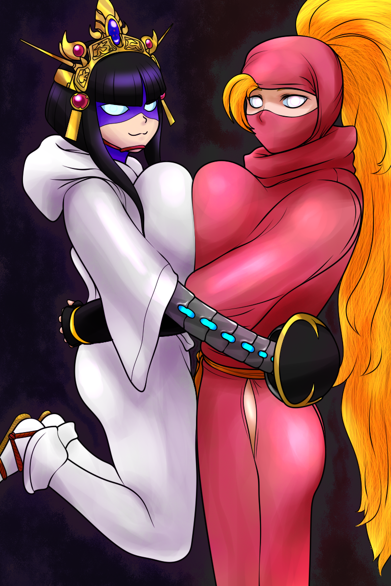 2girls :3 bad_id bad_pixiv_id black_background black_hair blonde_hair blue_sclera bodysuit bodysuit_under_clothes breast_press breasts colored_sclera eye_mask fringe_trim from_side hakama hakama_pants headpiece highres hip_vent hood hood_down hoodie hug huge_breasts humanoid_robot japanese_clothes kunoichi_(the_ninja_warriors) kusamogura lifting_person long_hair looking_at_viewer mask mechanical_arms mouth_mask multiple_girls ninja ninja_mask no_pupils orange_sash pants ponytail red_hakama red_scarf robot sandals scarf short_hair_with_long_locks shortstack symmetrical_docking tabi the_ninja_warriors the_ninja_warriors_once_again turning_head very_long_hair white_eyes white_hoodie white_pants yaksha_(the_ninja_warriors)