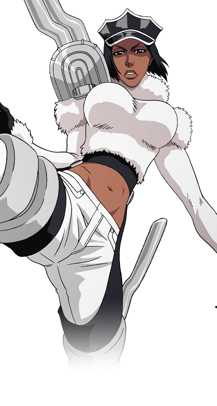 1girl black_gloves bleach bleach:_brave_souls boots breasts cleavage dark_skin fur_trim gloves hat highres jackie_tristan jumping kicking large_breasts lips looking_at_viewer official_art peaked_cap shoulder_pads solo thigh_boots wide_hips yellow_eyes