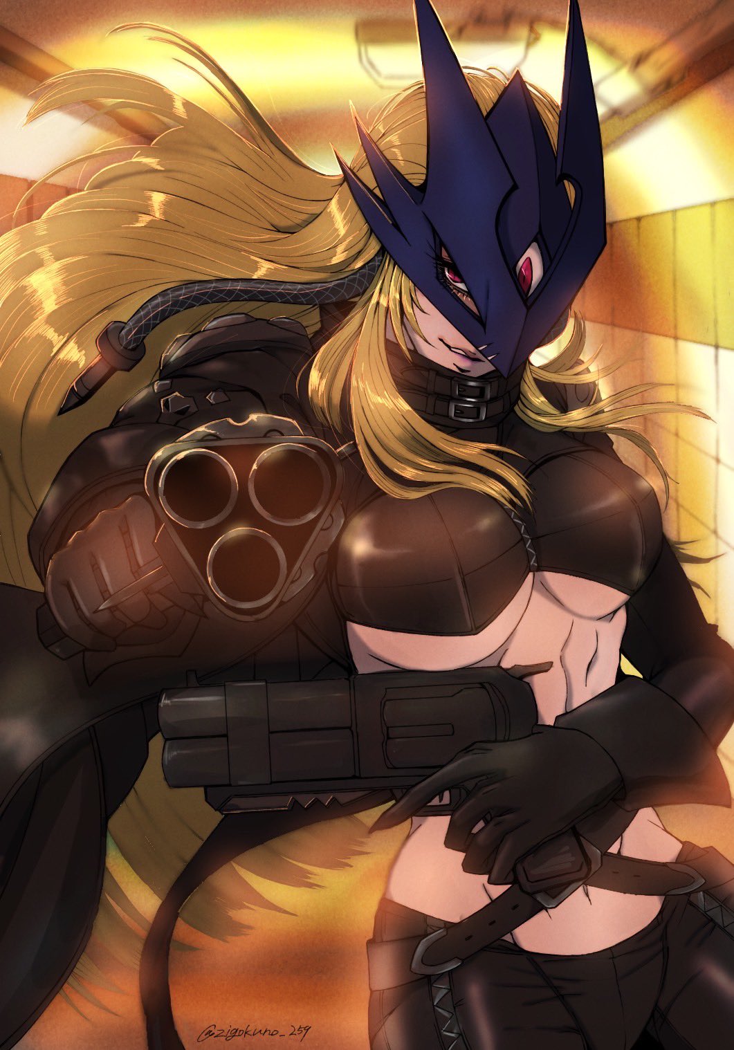 1girl aiming aiming_at_viewer artist_name beelstarmon blonde_hair breasts coat combination_weapon digimon digimon_(creature) dual_wielding eye_mask female_focus gun handgun highres holding holding_gun holding_weapon knife large_breasts lipstick long_hair looking_at_viewer makeup mask midriff multiple-barrel_gun red_eyes revealing_clothes revolver rizoma_de_loto third_eye triple-barreled_revolver underboob weapon zigokuno