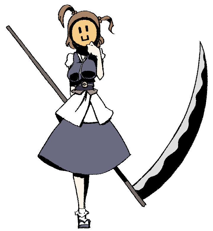 1girl black_sash breasts brown_hair coin coin_on_string cookie_(touhou) full_body geta grey_footwear grey_skirt grey_vest holding holding_mask kirai_(hatetenn) large_breasts mask masked niconico obi onozuka_komachi sash scythe shirt shishou_(cookie) simple_background skirt smile smiley_face socks solo touhou transparent_background two_side_up vest white_shirt white_socks