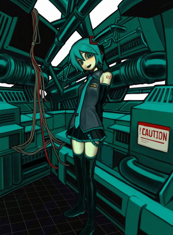 1girl arms_behind_back bad_id bad_twitter_id black_boots black_shirt black_skirt blue_eyes blue_hair blue_necktie blush boots breasts cable caution collared_shirt detached_sleeves empty_eyes expyg8p full_body hatsune_miku head_tilt headphones inactive_account indoors industrial industrial_pipe looking_at_viewer mechanical_hair medium_breasts miniskirt necktie number_tattoo open_mouth pleated_skirt shirt shoulder_tattoo sign skirt sleeveless sleeveless_shirt smile solo standing tattoo thigh_boots thighhighs vocaloid warning_sign zettai_ryouiki