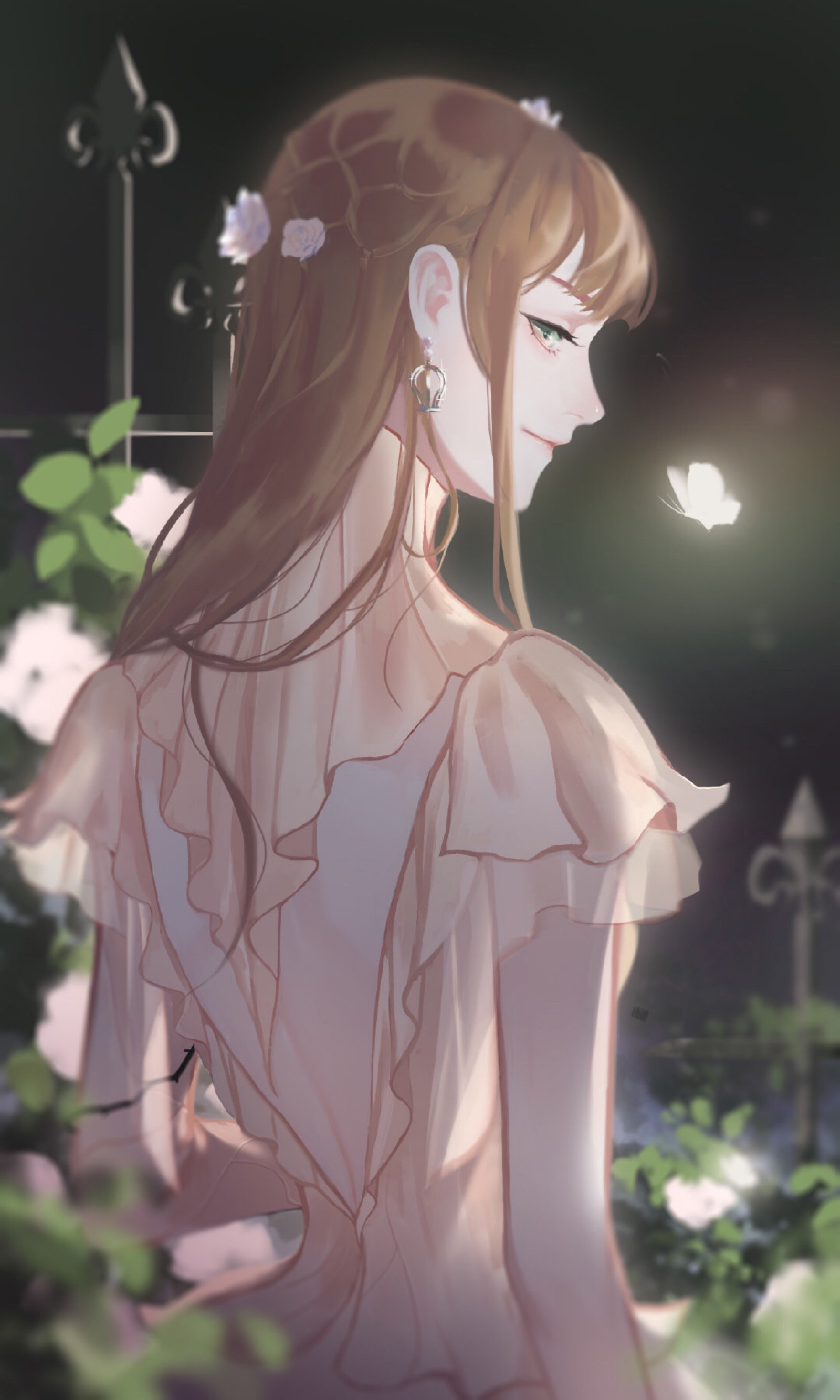1girl absurdres back_cutout baixue_fuchunting bare_arms bare_back brown_hair bug butterfly character_request chinese_commentary closed_mouth clothing_cutout commentary dress earrings eyelashes fence flower from_behind garden gold_earrings green_eyes hair_flower hair_ornament hair_over_one_eye highres hoop_earrings insect jewelry light_particles lips long_hair looking_at_viewer looking_back night night_sky nikki_(series) outdoors pink_dress pink_flower pink_lips pink_rose pleated_sleeves pointy_nose rose shining_nikki short_sleeves shoulder_blades sky smile solo turtleneck turtleneck_dress upper_body white_butterfly white_flower