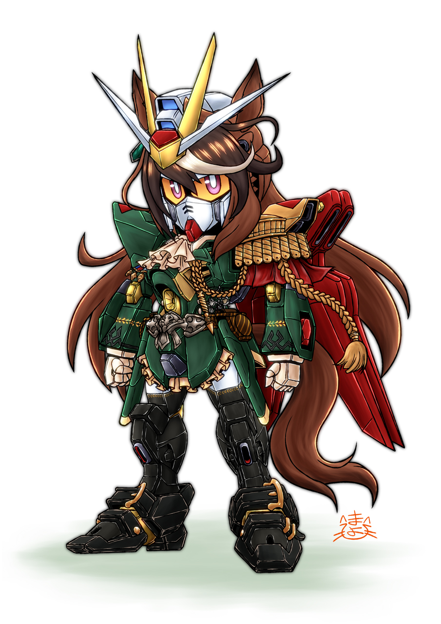 animal_ears brown_hair epaulettes gundam gundam_seed gundam_seed_destiny hashtag-only_commentary highres horse_ears horse_girl horse_tail long_hair looking_at_viewer mayohi_neko mecha mecha_focus mechanical_wings mechanization mobile_suit multicolored_hair purple_eyes robot sd_gundam solo streaked_hair strike_freedom_gundam symboli_rudolf_(umamusume) tail umamusume v-fin white_hair wings yellow_eyes