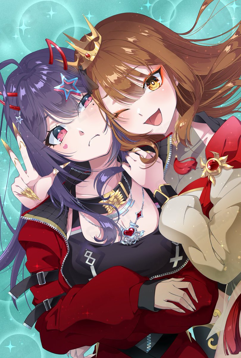 ahoge akuma_nihmune akuma_nihmune_(casual) black_collar black_dress breasts brown_hair cleavage closed_mouth collar crown demon_horns dress facial_mark frown hair_ornament hand_on_another&#039;s_shoulder heart heart_facial_mark highres horns indie_virtual_youtuber jacket jewelry long_hair long_sleeves mina_aoyama mini_crown mole mole_under_eye one_eye_closed open_mouth pendant pink_eyes red_jacket saraemiii_en see-through_cleavage see-through_clothes smile star_(symbol) star_hair_ornament virtual_youtuber yellow_eyes zipper