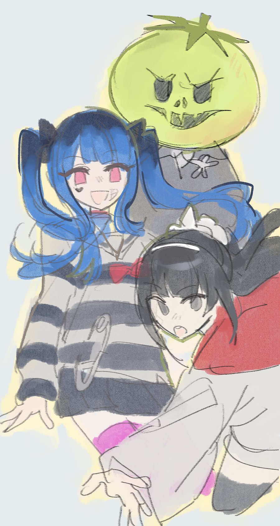 3girls amemiya_darumi black_cape black_eyes black_hair black_skirt black_thighhighs blue_hair bow cape collar grey_background heart highres japanese_clothes long_sleeves magadori_kyoshika mask mask_on_head multicolored_hair multiple_girls no_pupils oosuzuki_kurara pink_eyes pink_thighhighs pleated_skirt ponytail red_bow red_cape red_collar safety_pin shirt skirt striped_clothes striped_shirt telormenggacha the_hundred_line_-last_defense_academy- thighhighs tomato twintails white_headdress