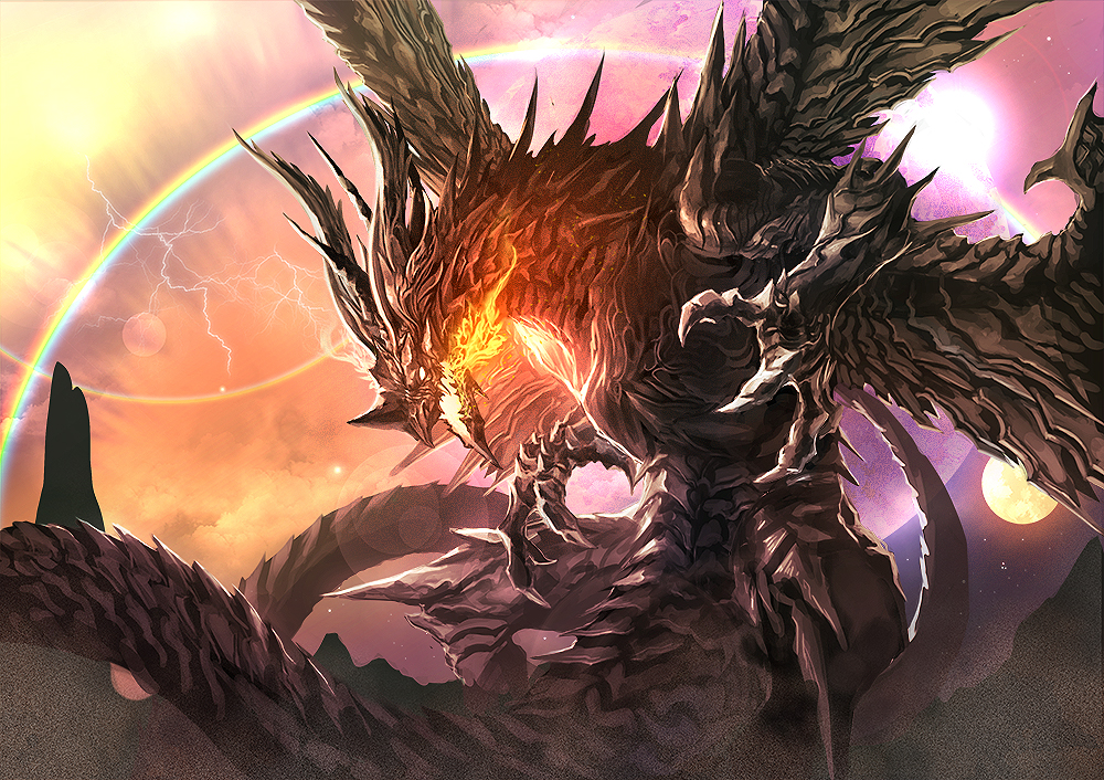 backward-facing_horns bahamut_(final_fantasy) claws commentary_request dragon dragon_horns dragon_wings electricity fantasy fire hanekura_bou horns long_tail monster multiple_wings no_humans original rainbow tail western_dragon wings