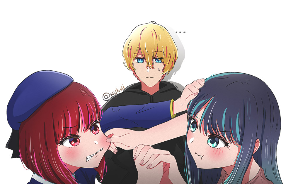 ... 1boy 2girls :i arima_kana beret black_hoodie blonde_hair blue_eyes blue_hair blue_jacket blush brown_shirt cheek_pinching clenched_teeth commentary english_commentary fighting hat hood hoodie hoshino_aquamarine jacket kurokawa_akane long_hair multiple_girls oshi_no_ko pinching pout red_eyes red_hair school_uniform shirt short_hair teeth white_background wykui youtou_high_school_uniform