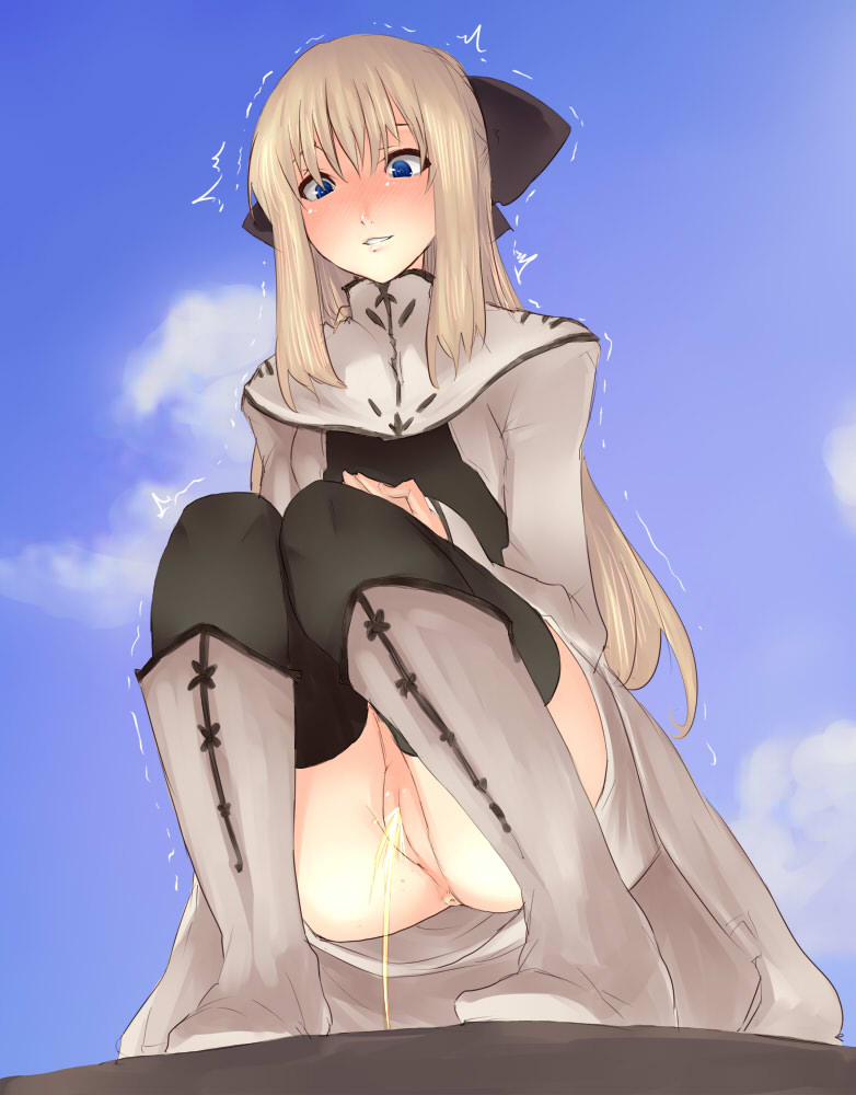 1girl ^^^ anus ass black_thighhighs blonde_hair blue_eyes blush boots cleft_of_venus cloud cyrille_(shining_force_exa) day female_focus full_body goban grey_boots long_hair long_sleeves no_panties nose_blush parted_lips pee peeing pussy sega shining_(series) shining_force_exa sky smile solo squatting thighhighs thighhighs_under_boots trembling uncensored