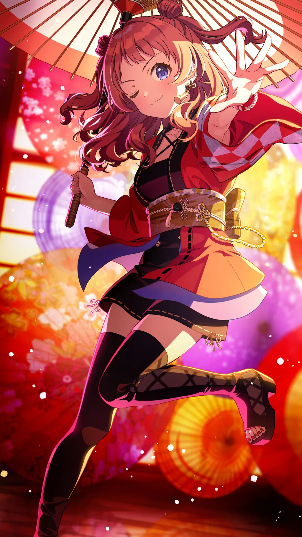 1girl black_dress blue_eyes boots bracelet dress earrings gakuen_idolmaster game_cg hanami_saki high_heel_boots high_heels highres holding idolmaster jewelry kamurogiku_(idolmaster) nail_polish official_art one_eye_closed one_leg_raised open-toe_boots reaching red_hair red_happi sash solo thigh_boots toenail_polish toenails toes twintails umbrella yellow_sash