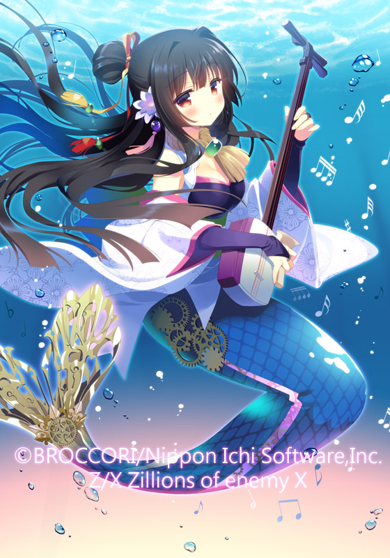 1girl air_bubble beamed_eighth_notes black_hair bubble character_request copyright_notice eighth_note flat_sign from_side full_body gears hair_ornament holding holding_instrument instrument looking_at_viewer mermaid monster_girl musical_note red_eyes santa_matsuri shamisen sharp_sign sixteenth_note solo underwater z/x