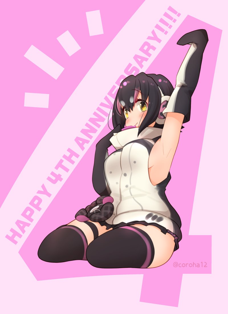 1girl bare_shoulders black_gloves black_hair black_skirt black_sweater black_thighhighs blush bow coroha elbow_gloves gloves hair_between_eyes headphones high_collar humboldt_penguin_(kemono_friends) kemono_friends kemono_friends_v_project looking_at_viewer mittens multicolored_hair official_alternate_costume penguin_girl penguin_tail pleated_skirt purple_hair purple_trim shirt_bow short_hair sidelocks sitting skirt sleeveless smile solo sweater tail thighhighs two-tone_gloves two-tone_sweater white_gloves white_hair white_sweater yellow_eyes yokozuwari zettai_ryouiki