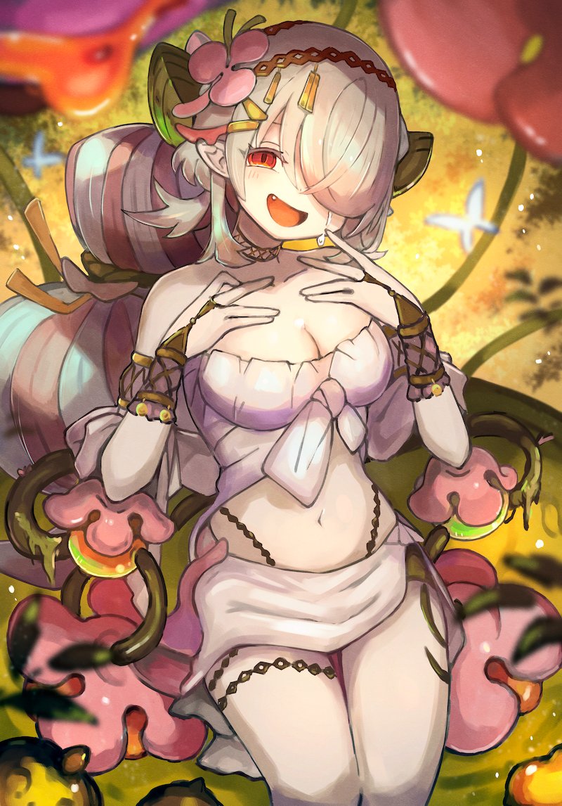 1girl bracelet breasts bug butterfly cleavage collarbone evil_smile flower front-tie_top hair_flower hair_ornament hair_over_one_eye hand_on_own_chest insect ishii_(young-moon) jewelry large_breasts long_hair looking_at_viewer midriff monster_girl multicolored_hair navel nectar open_mouth pink_flower plant plant_girl pointy_ears red_eyes sarong sitting smile solo thighs traptrix_pinguicula two-tone_hair very_long_hair yu-gi-oh!