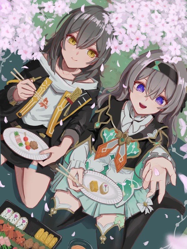 2girls aqua_dress aqua_thighhighs bento black_hairband black_jacket black_skirt cherry_blossoms chopsticks collared_dress cropped_jacket dress eating falling_petals firefly_(honkai:_star_rail) grey_hair hair_between_eyes hair_intakes hairband holding holding_chopsticks holding_petal holding_plate holding_with_chopsticks honkai:_star_rail honkai_(series) jacket kneeling miniskirt multiple_girls neckerchief no_shoes open_clothes open_jacket open_mouth orange_neckerchief paper_plate petals picnic picnic_blanket plate reaching skirt smile stelle_(honkai:_star_rail) teeth thigh_strap thighhighs toki78288809 trailblazer_(honkai:_star_rail) upper_teeth_only yellow_eyes