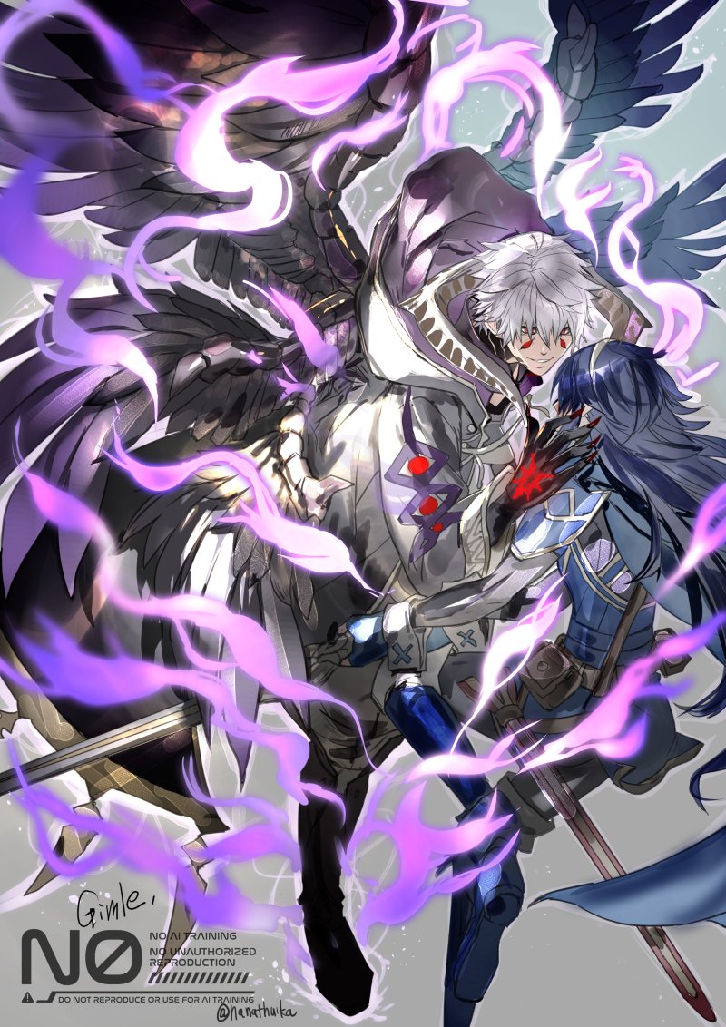 1boy 1girl aura black_wings blue_hair coat dark_aura dark_persona dragon_horns evil_smile eyes_of_grima falchion_(fire_emblem) feathered_wings fire_emblem fire_emblem_awakening fire_emblem_heroes holding holding_sword holding_weapon hood hooded_coat horns lucina_(fire_emblem) male_robin_(fire_emblem) male_robin_(grima)_(fire_emblem) male_robin_(grima)_(tyrant_of_ruin)_(fire_emblem) multiple_wings nanathuika nintendo official_alternate_costume possessed scabbard sheath smile sword weapon white_hair wings