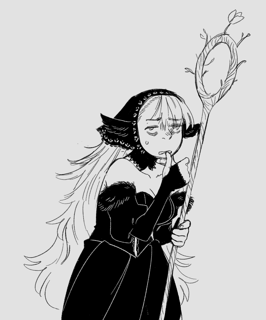 1girl biting breasts chimeracauldron cleavage dress dungeon_meshi greyscale holding holding_staff hood long_hair marcille_donato marcille_donato_(lord) medium_breasts monochrome nail_biting solo staff standing sweatdrop