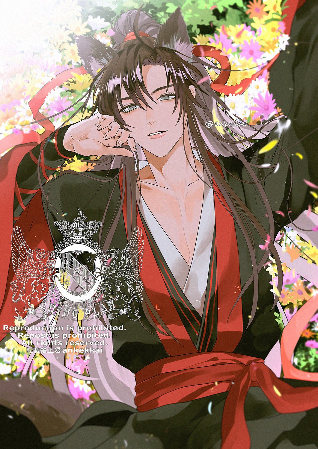 1boy ahoge animal_ears ankekkai bishounen black_hair black_hanfu brown_hair chinese_clothes collarbone english_text flower fox_boy fox_ears fox_tail grey_eyes hair_ribbon hand_on_own_cheek hand_on_own_face hand_up hanfu highres kemonomimi_mode long_hair long_sleeves looking_at_viewer lying male_focus modao_zushi on_back on_grass parted_lips pectoral_cleavage pectorals petals ponytail red_ribbon red_sash ribbon sash sidelocks smile solo tail upper_body watermark wei_wuxian