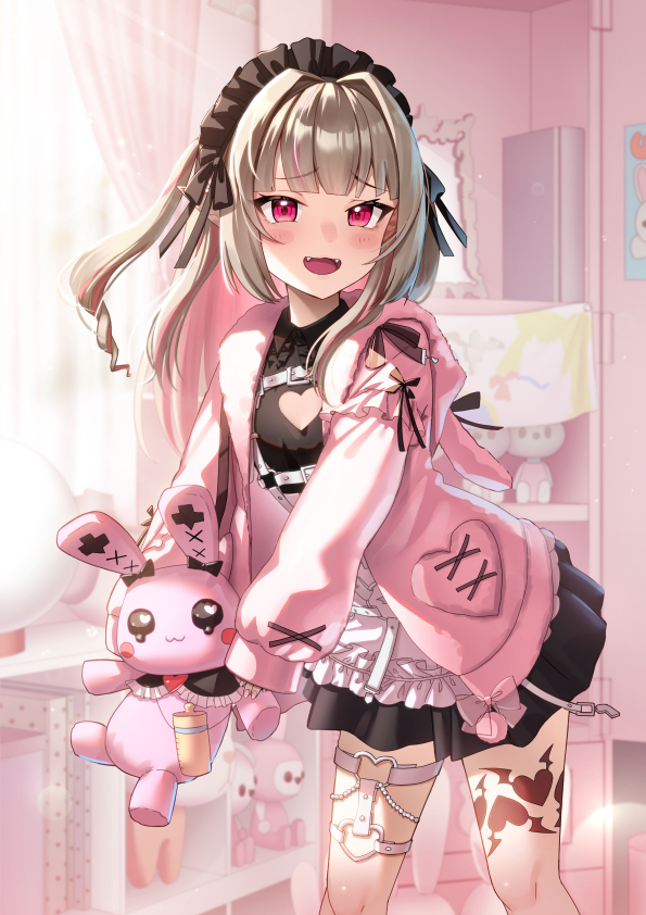 1girl animal_hood apron belt black_dress black_headdress black_ribbon bloom blunt_bangs blush breasts cabinet chain chest_harness cleavage_cutout clothing_cutout collared_dress colored_inner_hair curtains dress drill_hair fangs feet_out_of_frame frilled_jacket frilled_shirt_collar frills furrowed_brow grey_hair hair_intakes harness heart_cutout holding holding_stuffed_toy hood hood_down hooded_jacket indoors jacket leaning_forward leg_tattoo lens_flare long_hair loose_belt maid maid_headdress makaino_ririmu makaino_ririmu_(5th_costume) multicolored_hair multiple_belts nijisanji niwachichi_(maekawasan) o-ring o-ring_belt o-ring_thigh_strap off_shoulder open_clothes open_jacket open_mouth pink_hair pink_jacket pocket pointy_ears rabbit_hood red_eyes ribbon short_dress sidelocks sleeves_past_wrists small_breasts smile solo streaked_hair stuffed_animal stuffed_rabbit stuffed_toy tattoo thigh_strap two_side_up virtual_youtuber waist_apron white_apron white_belt window winged_heart_tattoo